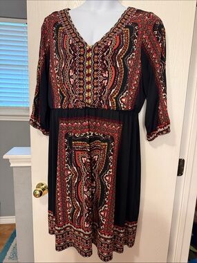 Avenue Black Midi Dress with Red and Pink Paisley Panels